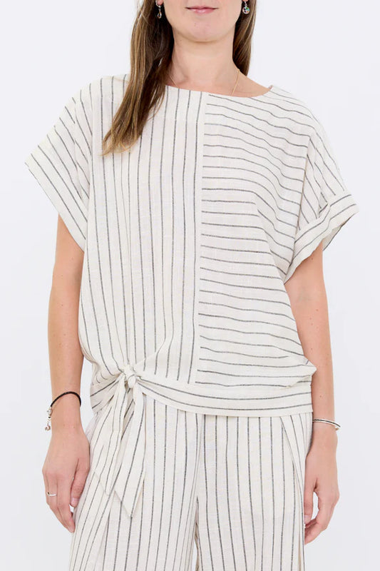 Celeste Top by Julei Design, Stripe, boat neck, short extended sleeves, slouchy shape, tie detail at waist, mix of horizontal and vertical stripes, eco-fabric, viscose-lyocell and linen, sizes S-L, made in Quebec