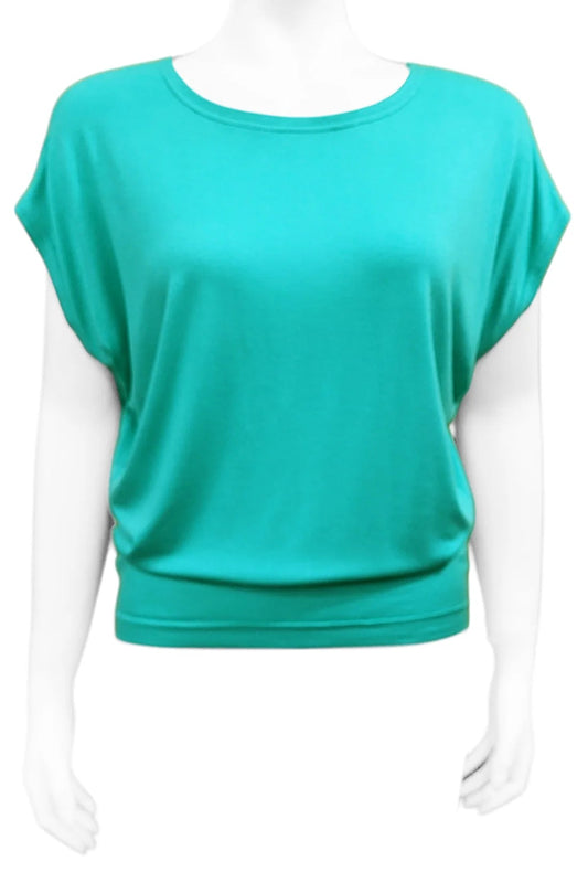 The Mandala Charlie Slouch Tee in Seafoam, with a round neck, short extended sleeves, and a fitted hem, is shown on a mannequin against a white background.