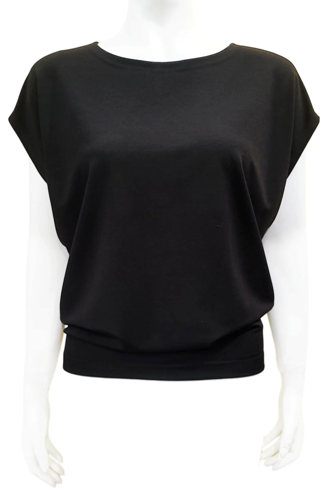 The Mandala Charlie Slouch Tee in Black, with a round neck, short extended sleeves, and a fitted hem, is shown on a mannequin against a white background.