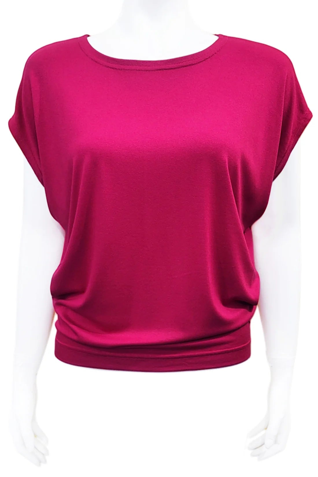 The Mandala Charlie Slouch Tee in Cherry, with a round neck, short extended sleeves, and a fitted hem, is shown on a mannequin against a white background.