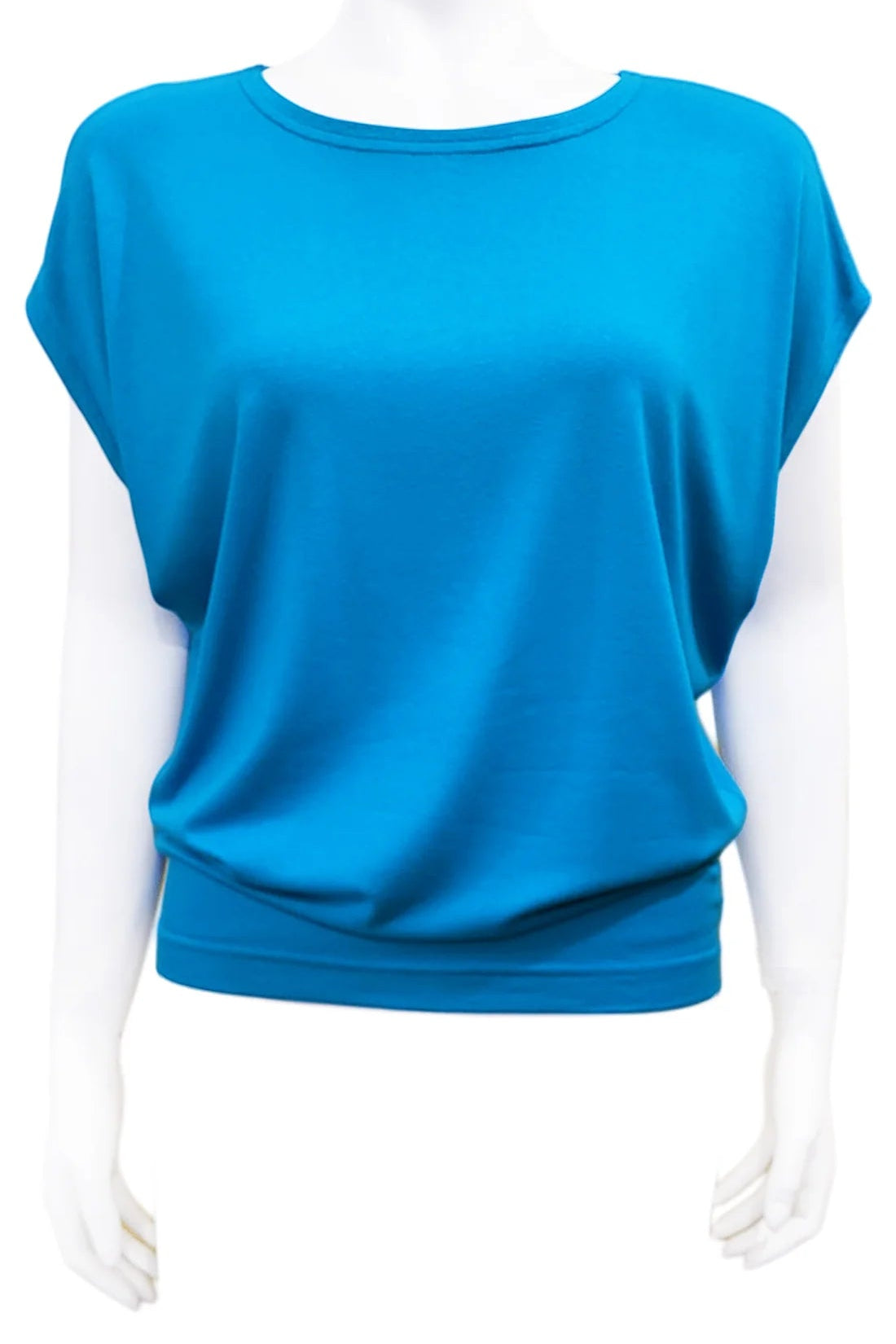 The Mandala Charlie Slouch Tee in Pacific Blue, with a round neck, short extended sleeves, and a fitted hem, is shown on a mannequin against a white background.
