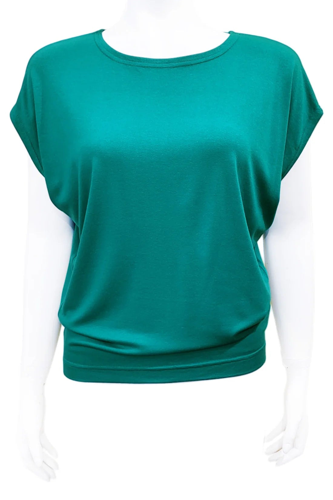 The Mandala Charlie Slouch Tee in Ocean Green, with a round neck, short extended sleeves, and a fitted hem, is shown on a mannequin against a white background.