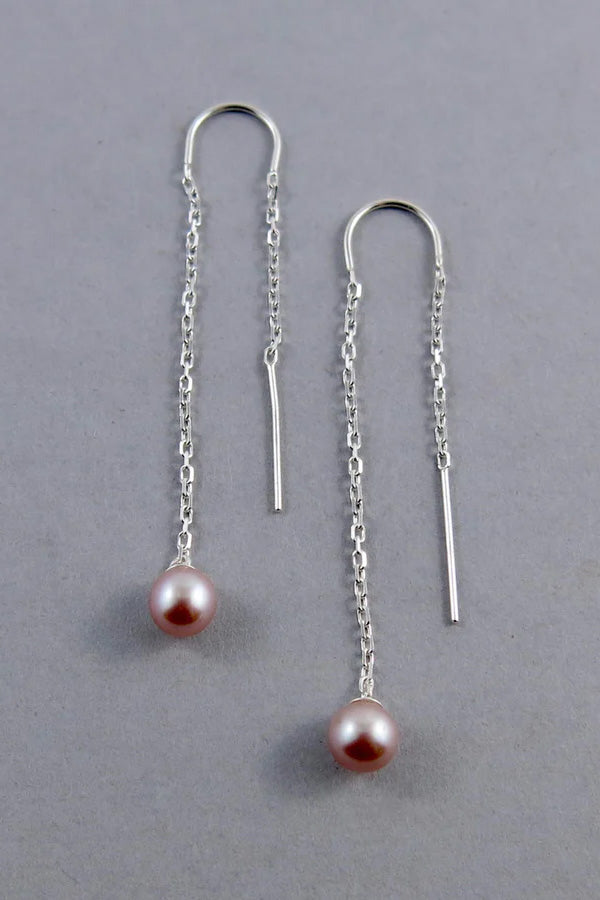 Pearl Threader Sterling Silver Earrings (Pink & White)