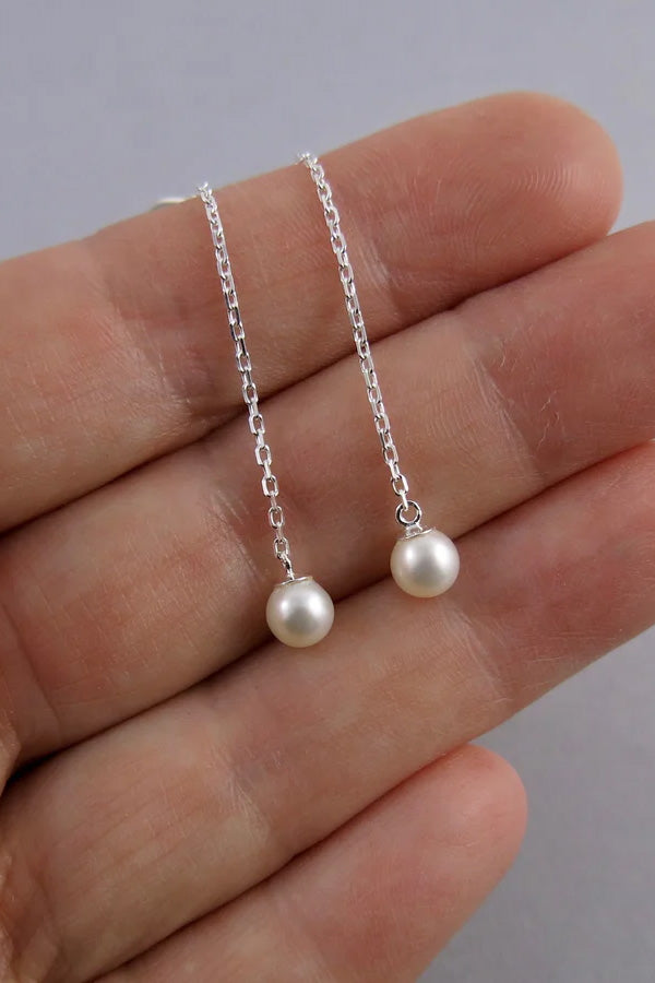 Pearl Threader Sterling Silver Earrings (Pink & White)