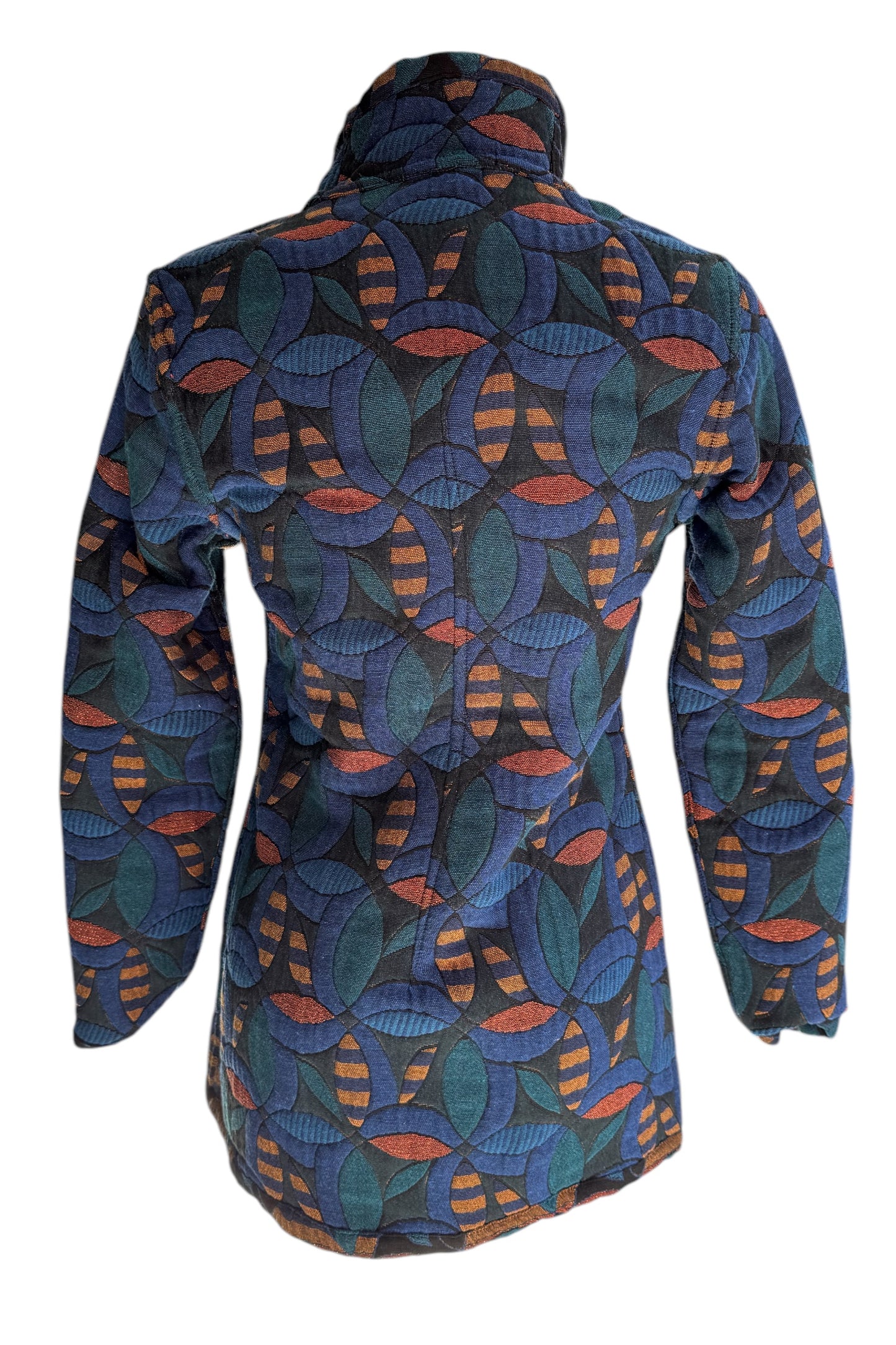 The back of the 3/4 Reversible Jacket Mosaic Flowers by Veronique d'Aragon in Blue, with a high collar and a zip front, is shown on a mannequin against a white background.