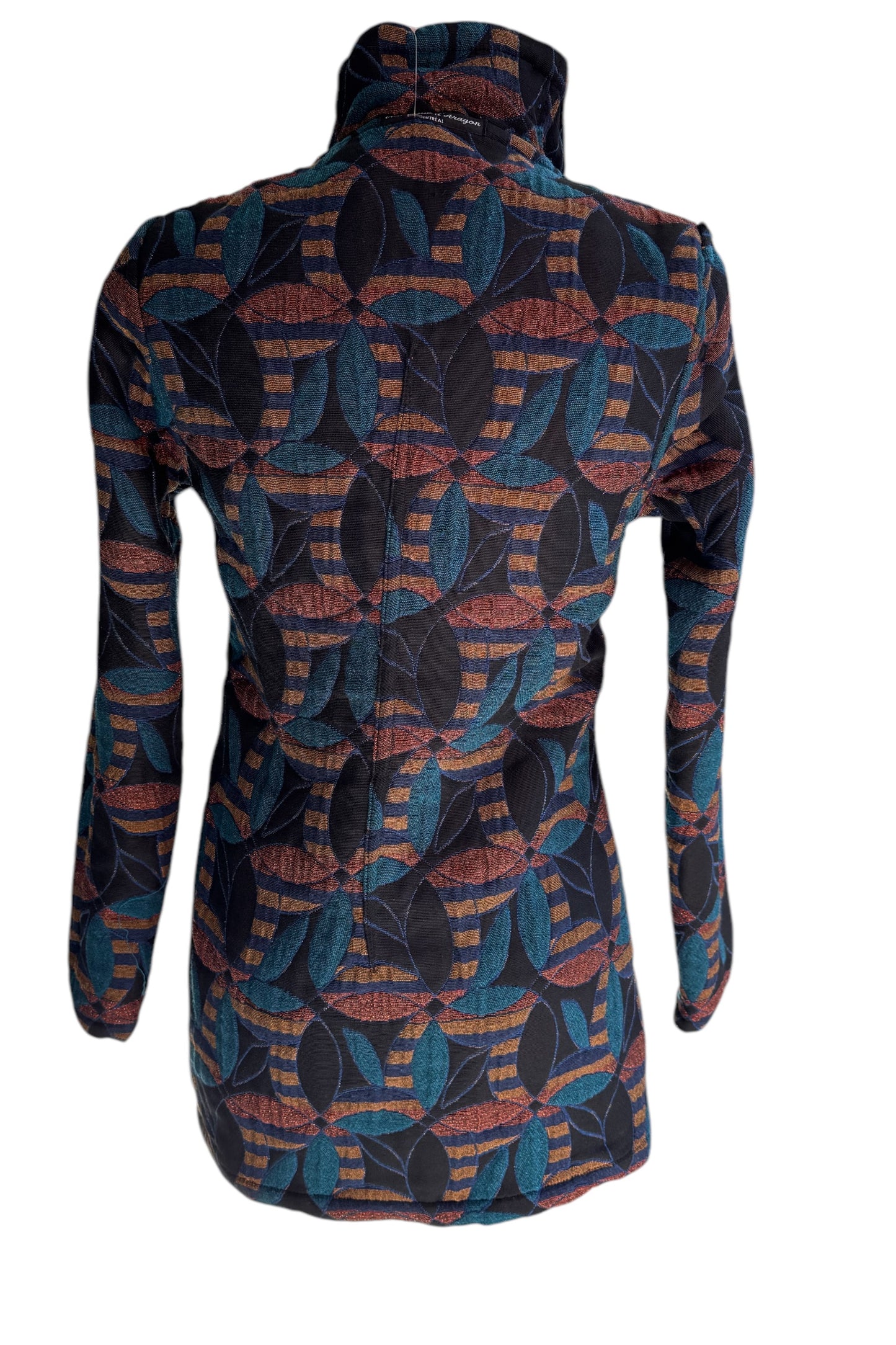 The back of the 3/4 Reversible Jacket Mosaic Flowers by Veronique d'Aragon in Blue, with a high collar and a zip front, is shown on a mannequin against a white background.