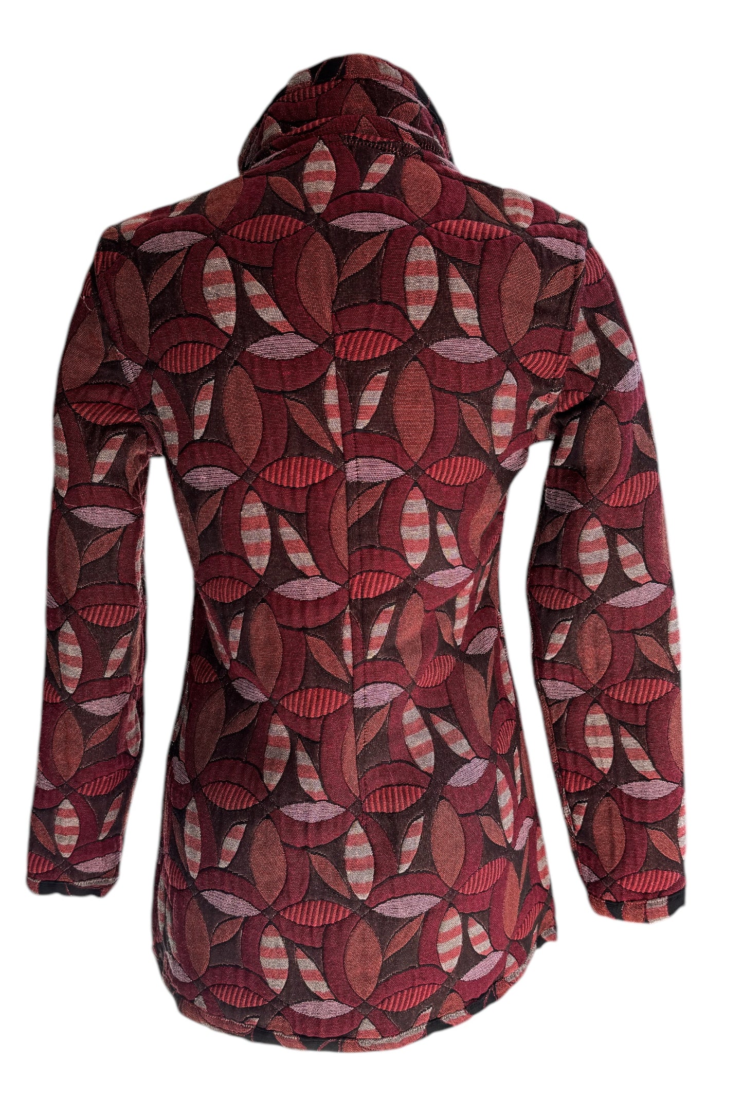 The back of the 3/4 Reversible Jacket Mosaic Flowers by Veronique d'Aragon in Maroon, with a high collar and a zip front, is shown on a mannequin against a white background.