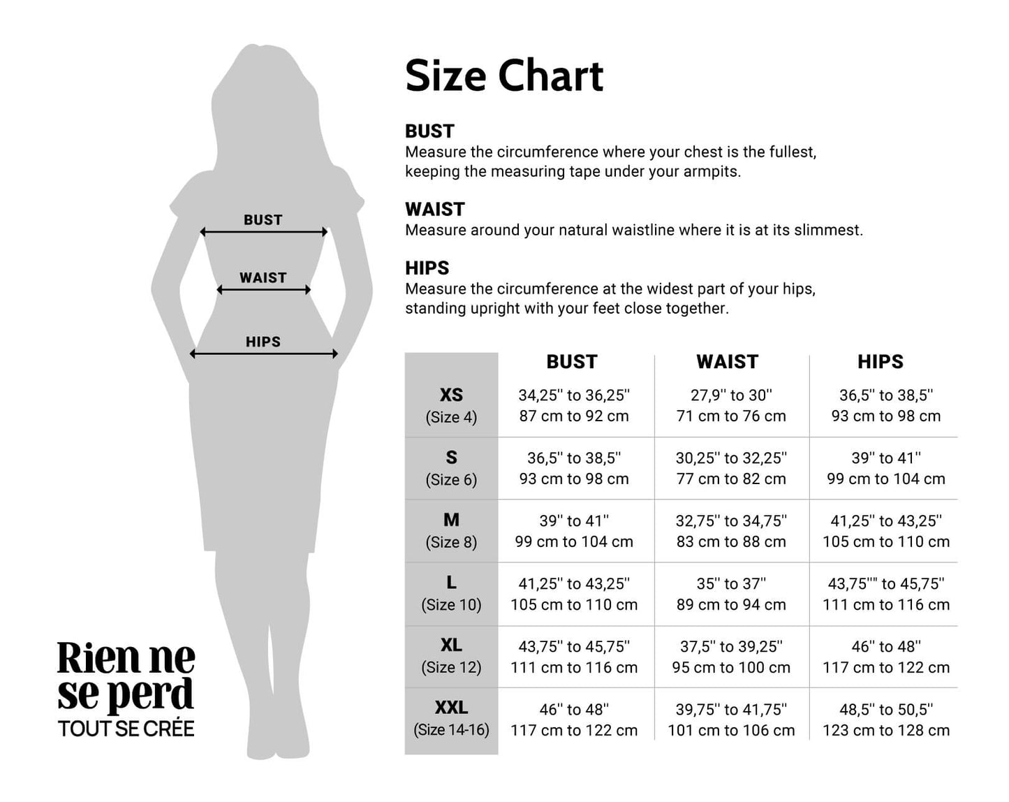 Rien ne se Perd Size Chart