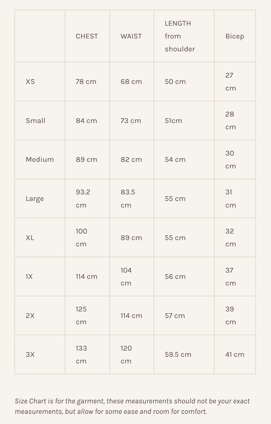 Lights of All Essential Turtleneck Size chart