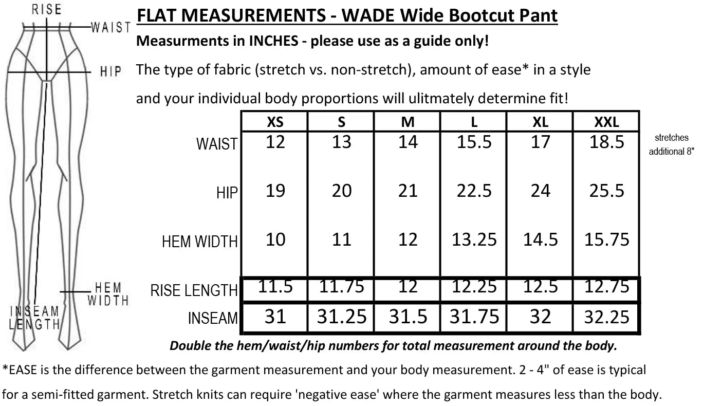 Measurement chart for Wade Vintage Denim Pant by Mandala