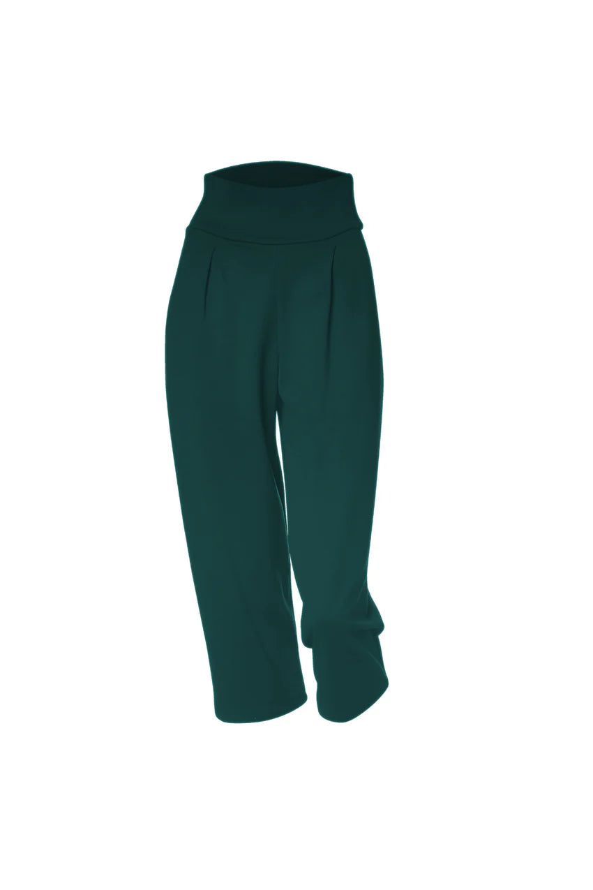 The Wilfred Pants by Melow in Forest - featuring a wide pull on waistband, front pleats, and cropped legs, shown in front of a white background
