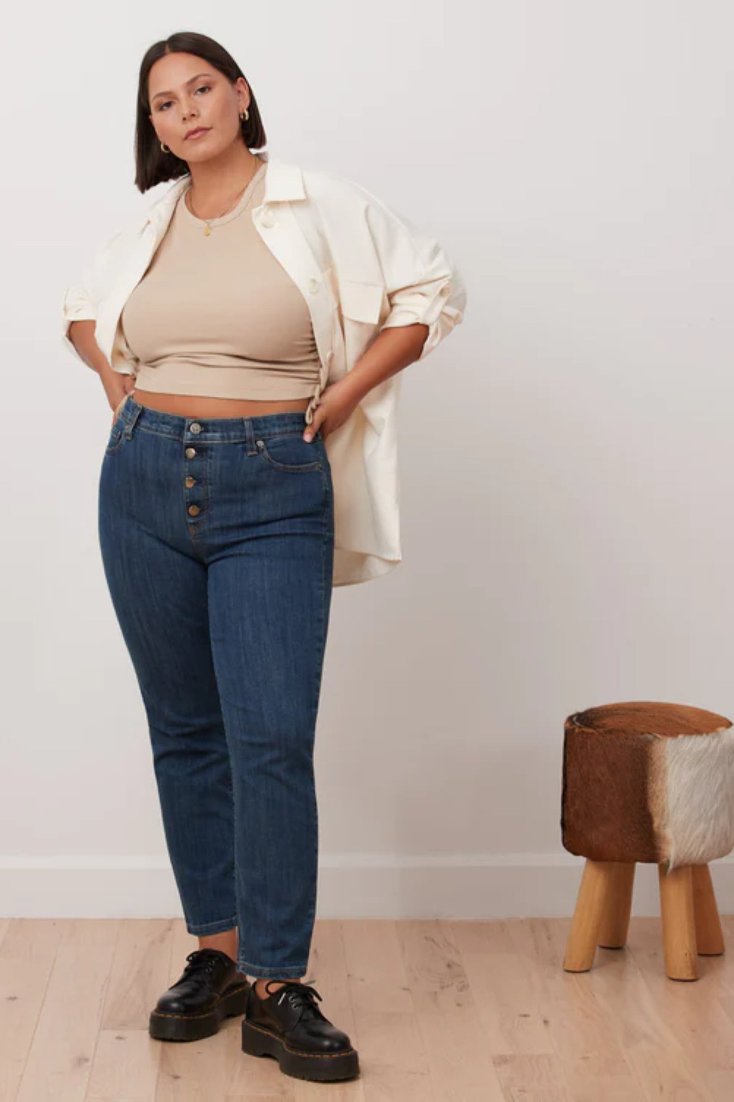 Smith EMILY High Rise Slim Yoga Jeans, vintage inspired, exposed button-fly, high rise, slim fit, tapered leg, 28 inch inseam, sizes 25-33, made in Canada