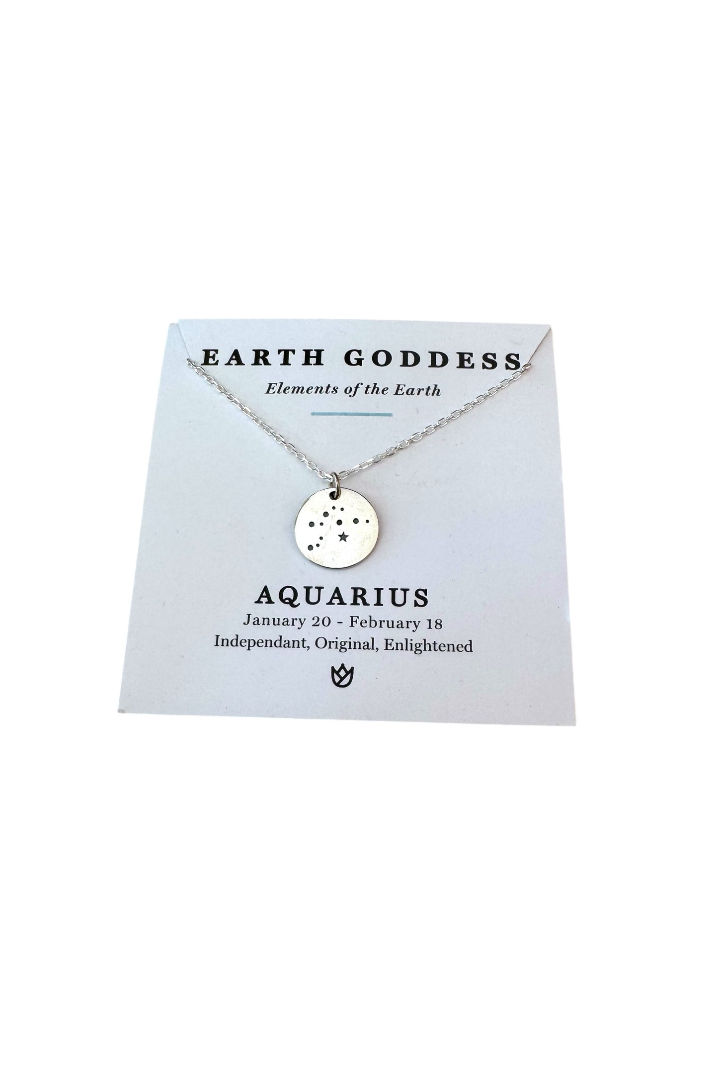 Necklace with Aquarius zodiac charm on a 'Earth Goddess' branded card.