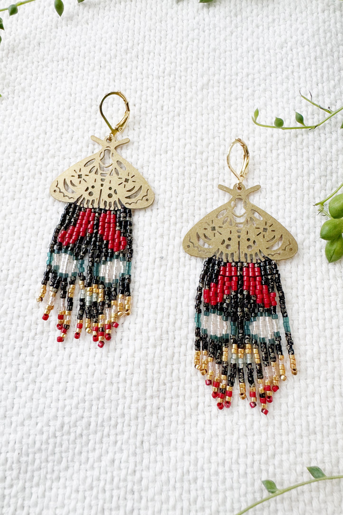 Moth beaded fringe earrings