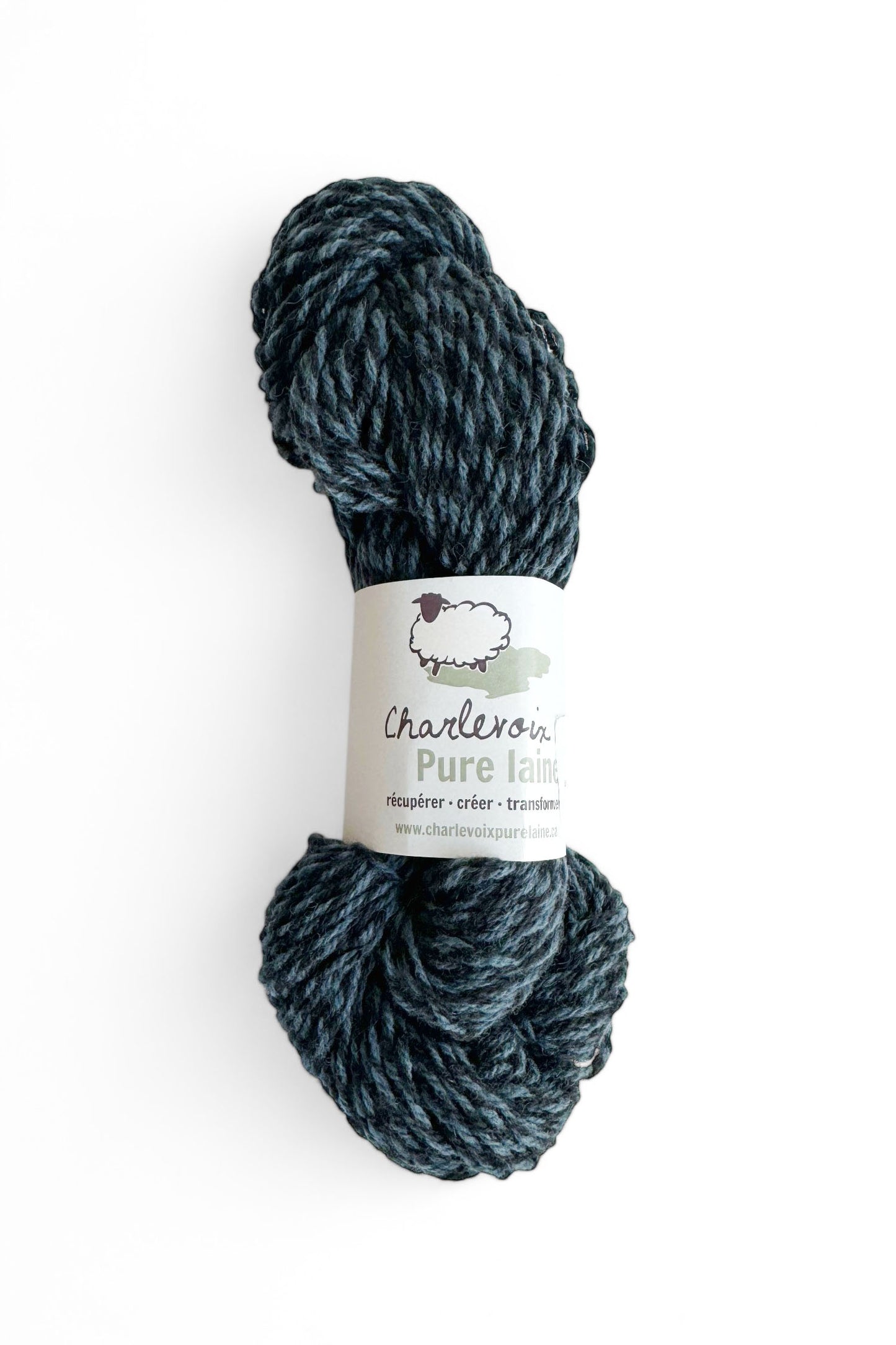 A skein of Black and Glacier yarn from Charlevoix Pure Laine is shown against a white background