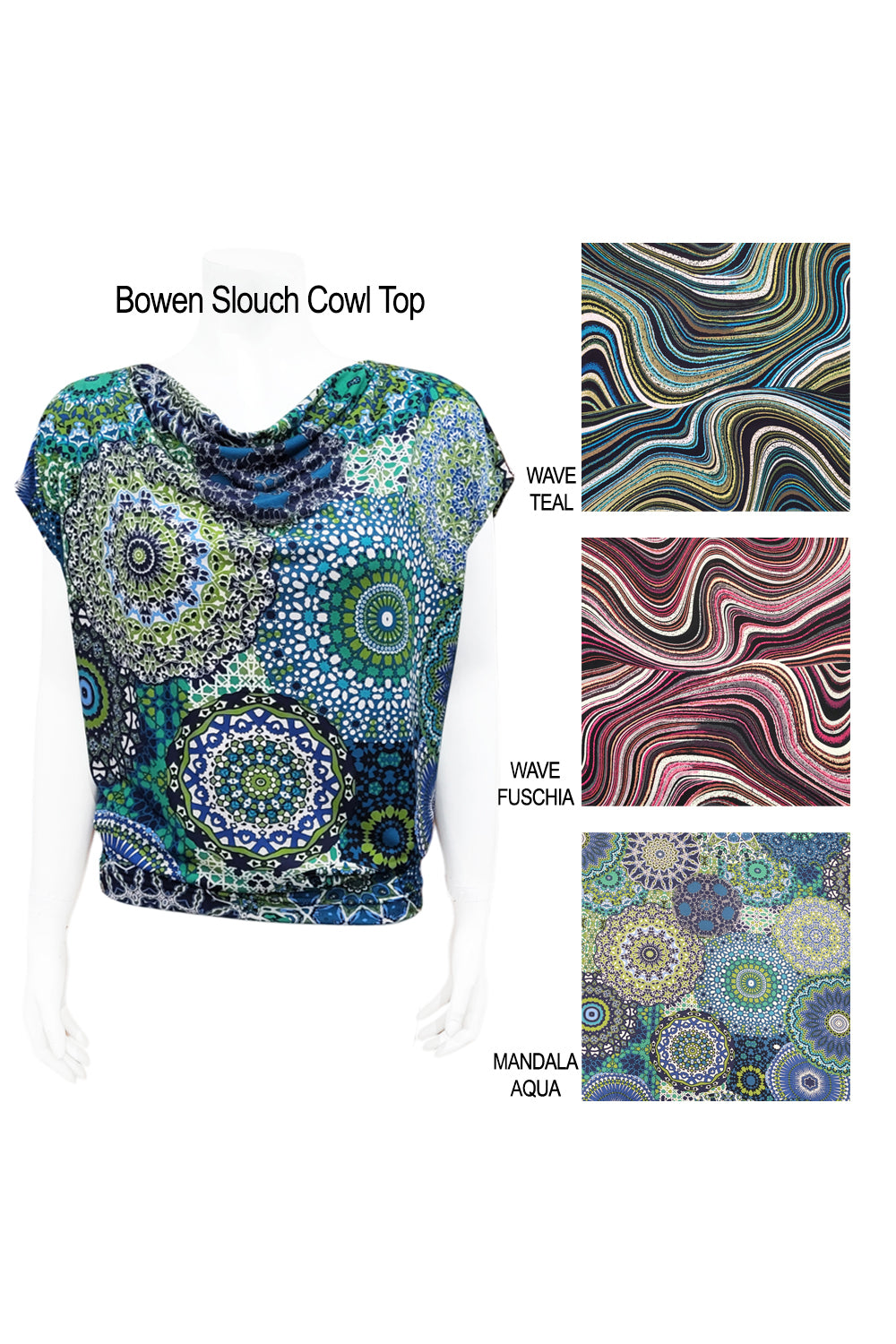 Mandala's Bowen Cowl Slouch Tee in Aqua Mandala print, featuring a cowl neck, short extended sleeves, and a blousy fit up top with a fitted waist, is show on a mannequin in front of a white background along side fabric swatches.