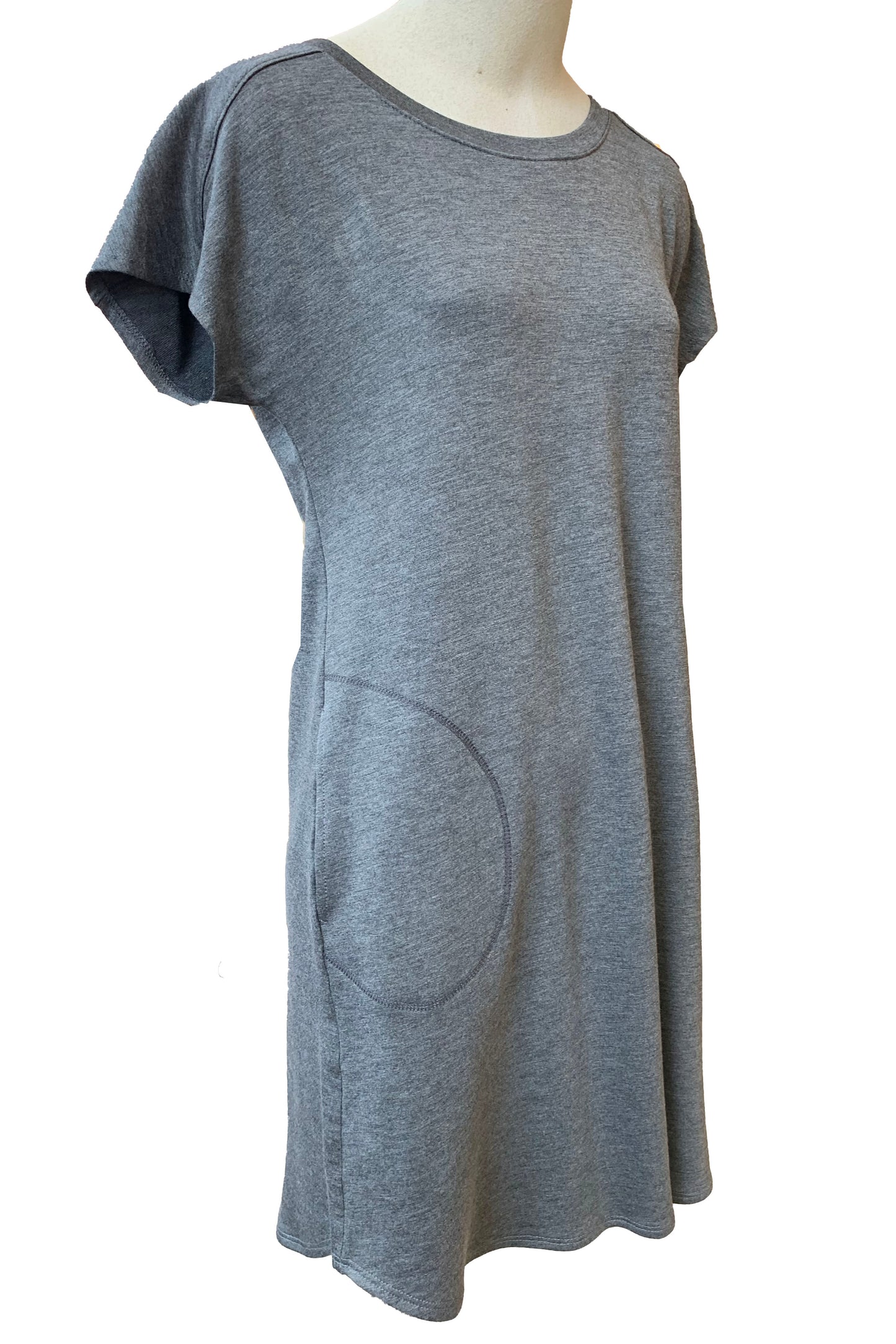 Calista Dress by Pure Essence, Charcoal, t-shirt dress, round neck, short extended sleeves, A-line shape, rounded pockets, above the the knee, made in Canada