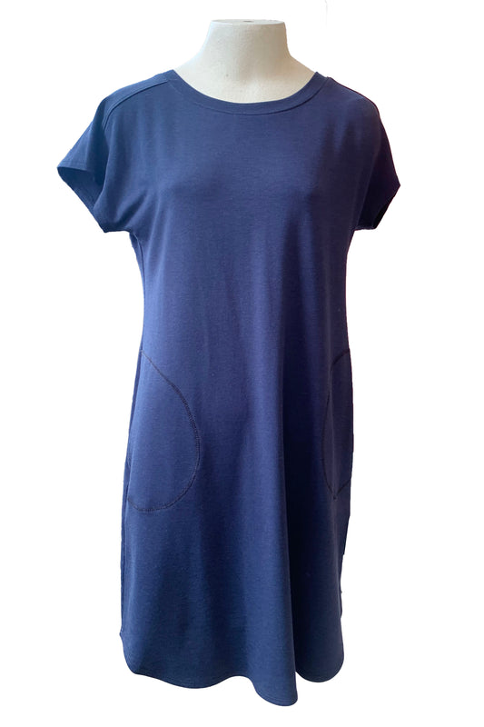 Calista Dress by Pure Essence, Navy, t-shirt dress, round neck, short extended sleeves, A-line shape, rounded pockets, above the the knee, made in Canada