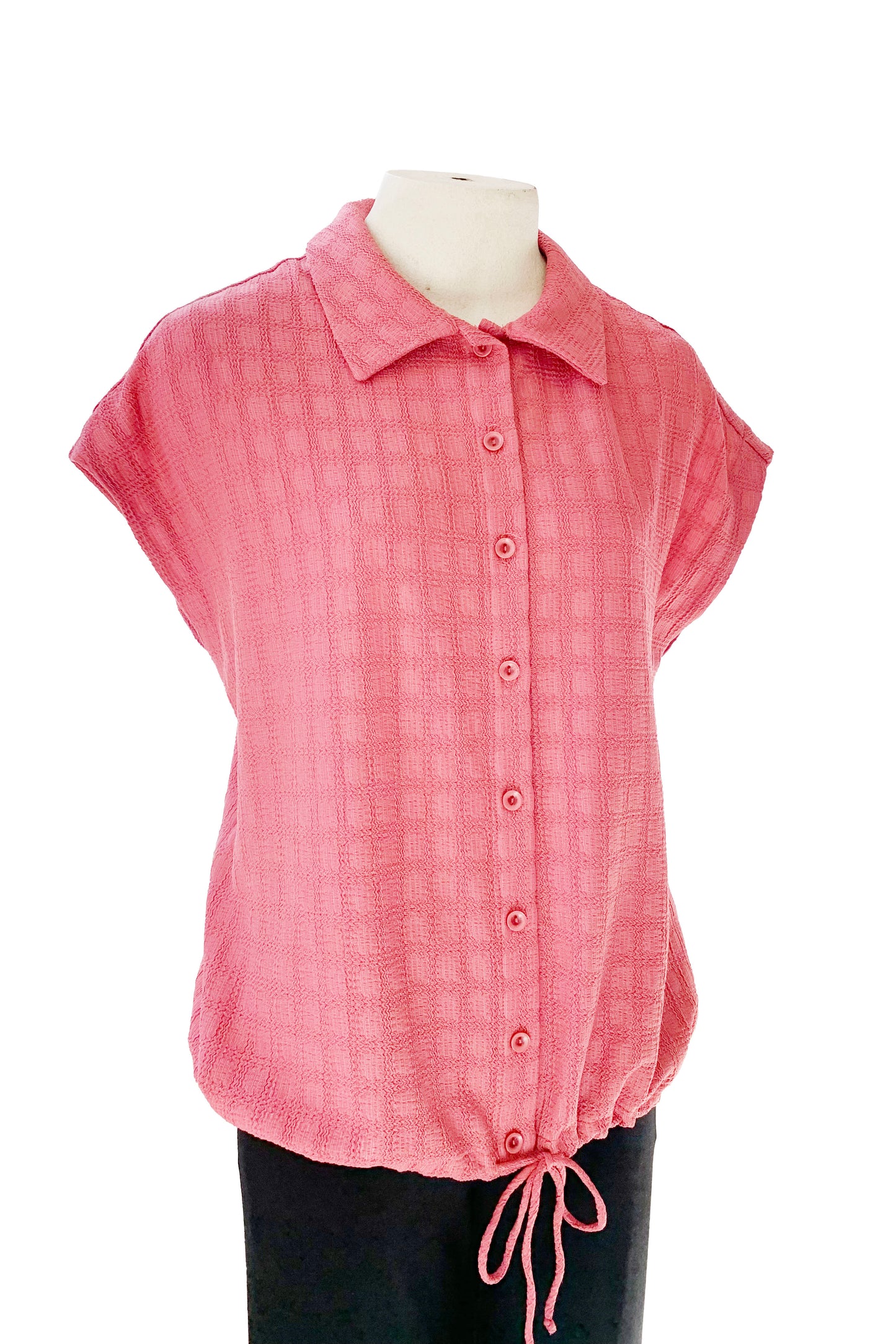 Candella Shirt by Pure Essence, Rosewood, classic collar, button front, short extended sleeves, drawstring waist, subtle checkered texture, sizes XS to XXL, made in Canada