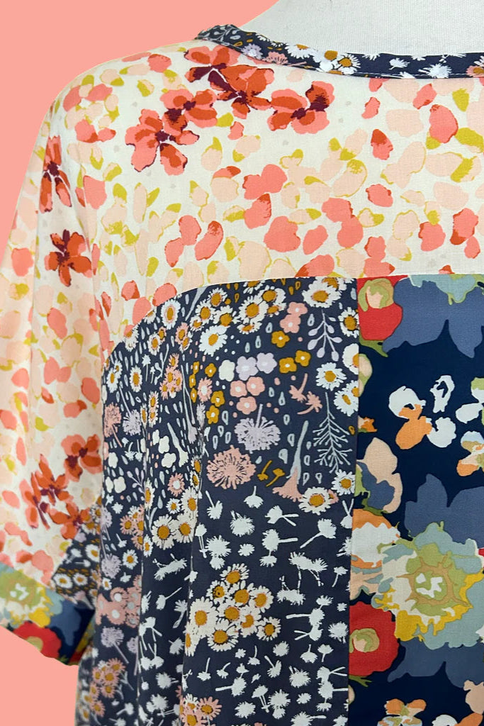 Close up detail of the Floral Strip fabric for the Chloe Top by Desserts and Skirts.