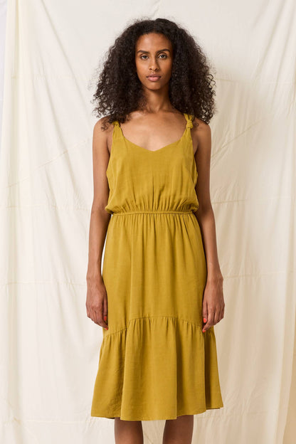 Rubia Dress by Cokluch, Pistachio, tank dress, knotted straps, rounded V-neck, elastic waist, midi-length, ruffled hem, viscose/linen, sizes XS to XL, made in Montreal