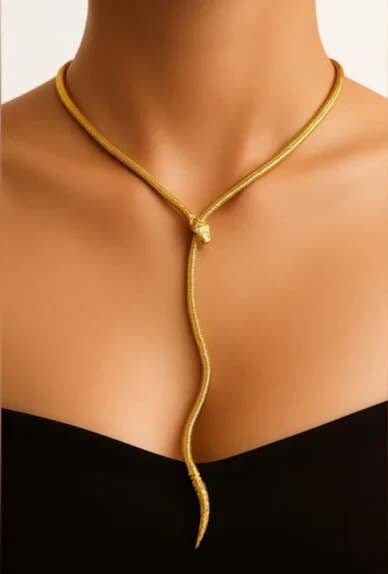Serpentine Snake Lariat - PVD Gold Necklace- Waterproof