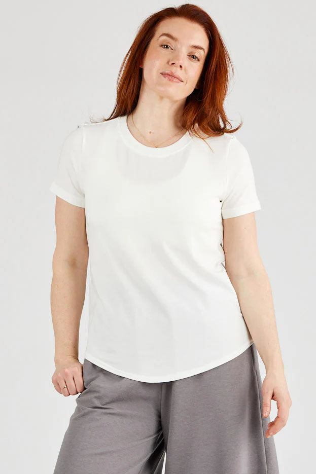 Basic T-Shirt by Adikva, Ivory, ribbed crew neckline, scooped hemline, eco-fabric, tencel, organic cotton, sizes S to XXL, made in Canada