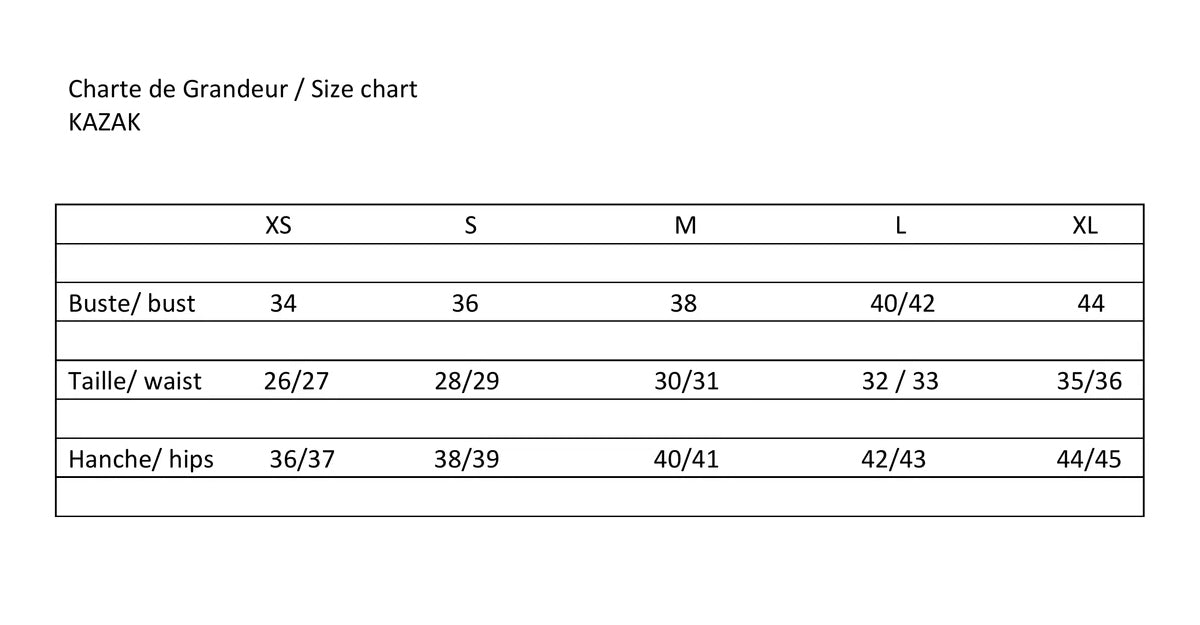 Kazak Size Chart