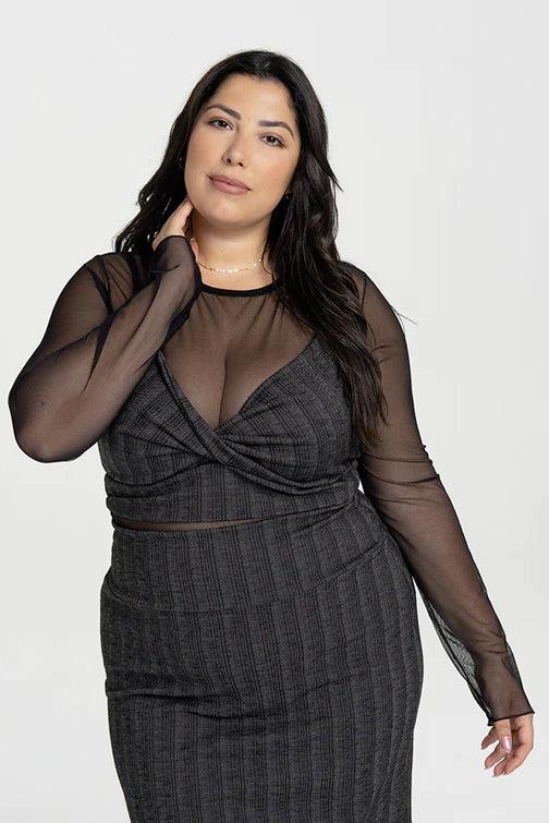 Landon Top by Kollontai, Black, mesh top, round neck, long sleeves, sizes XS to XL ,made in Montreal