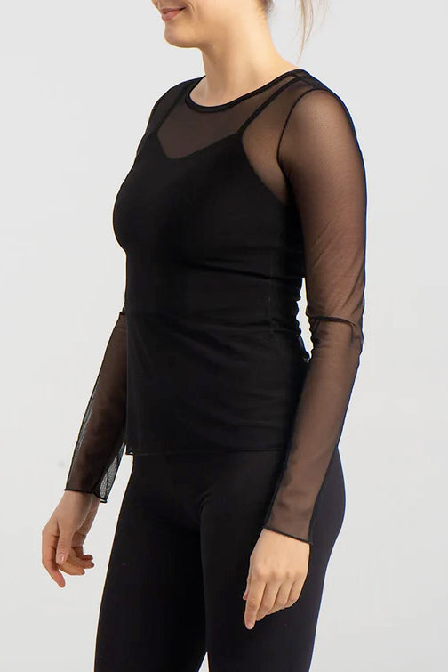 Landon Top by Kollontai, Black, mesh top, round neck, long sleeves, sizes XS to XL ,made in Montreal