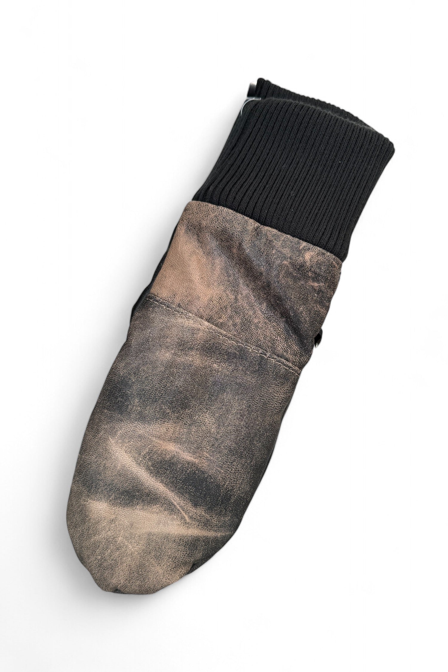 Lhasa Mittens by Kazak in Moto, featuring recycled leather, ribbed knit cuffs, and fleece lining.