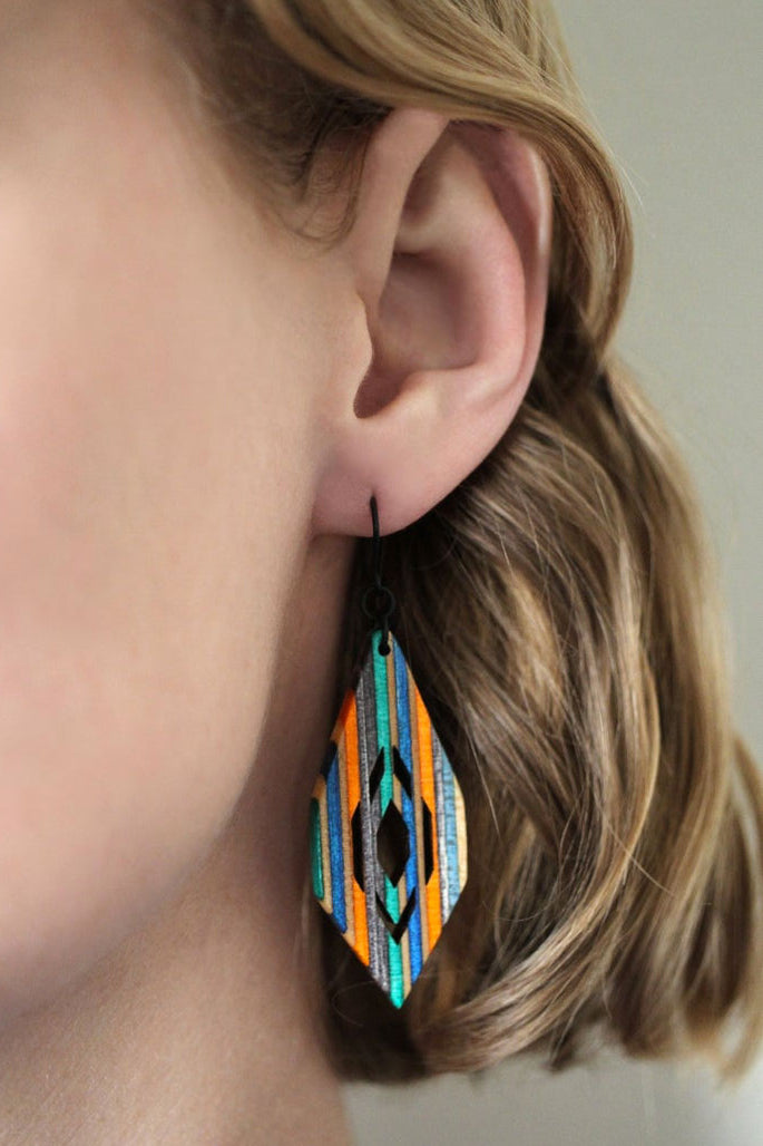 Nova dangle earrings made from repurposed skateboards