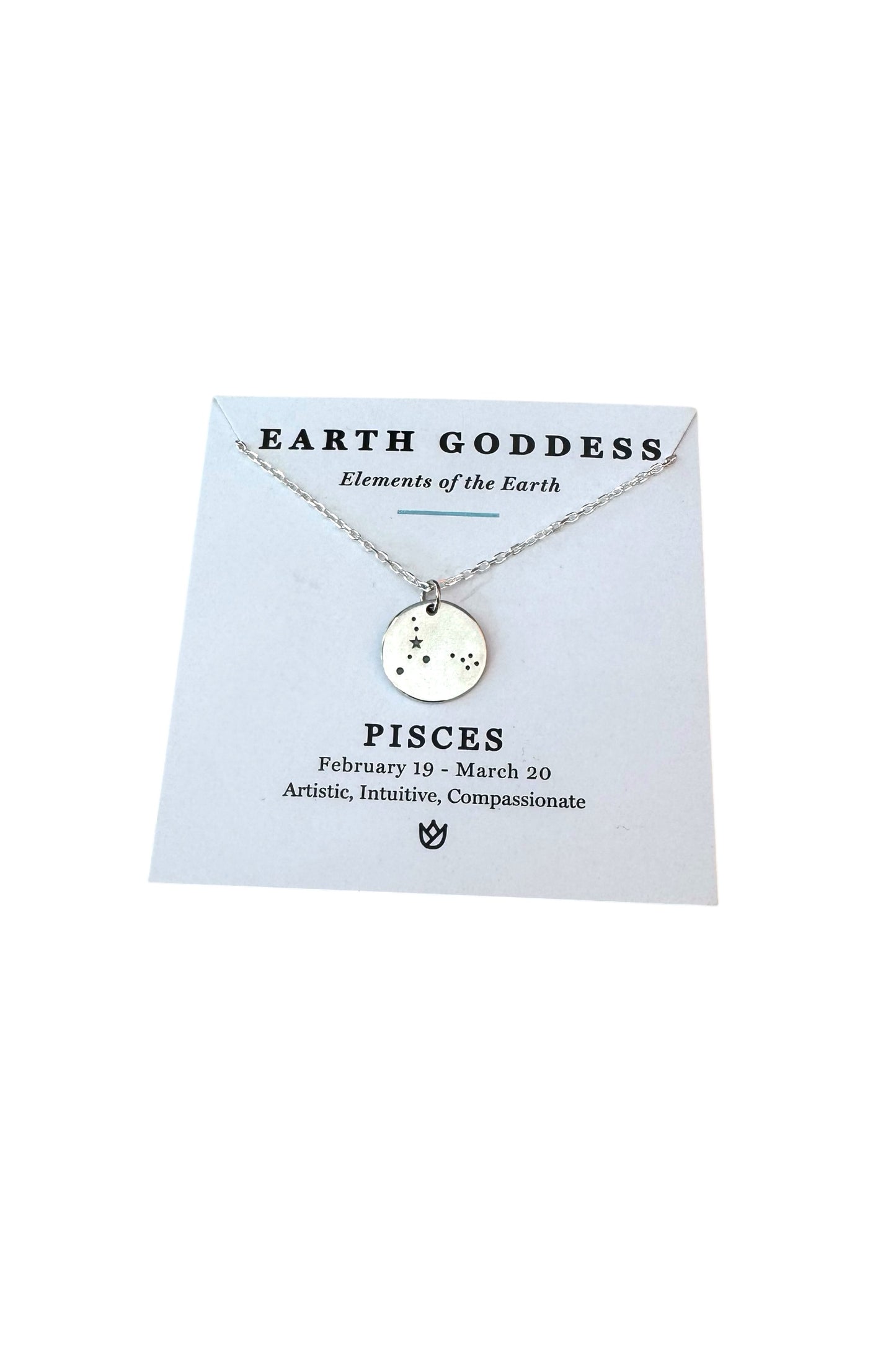 Pisces zodia Necklace with pendant on a 'Earth Goddess' branded card