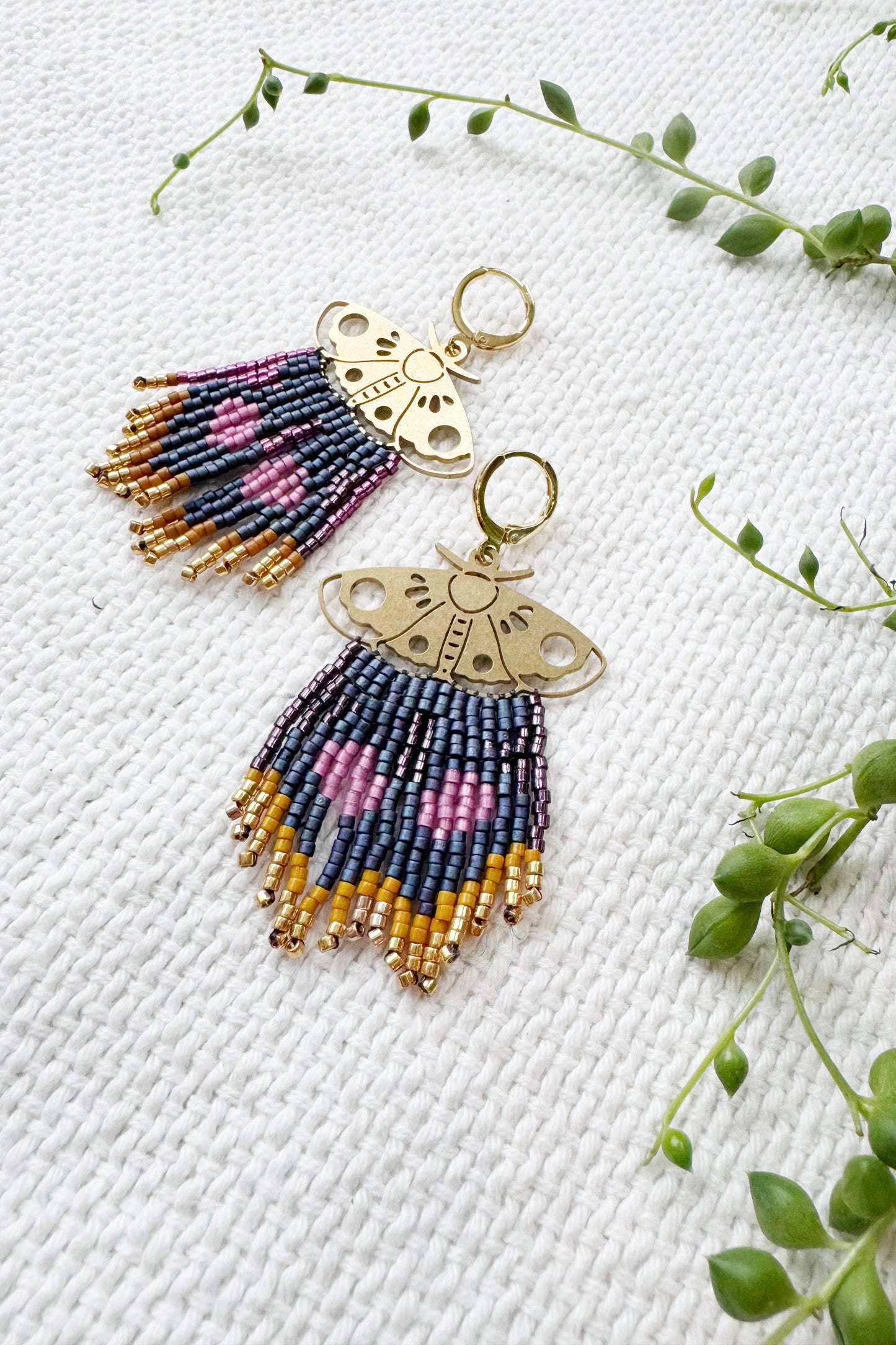 Moth beaded fringe earrings