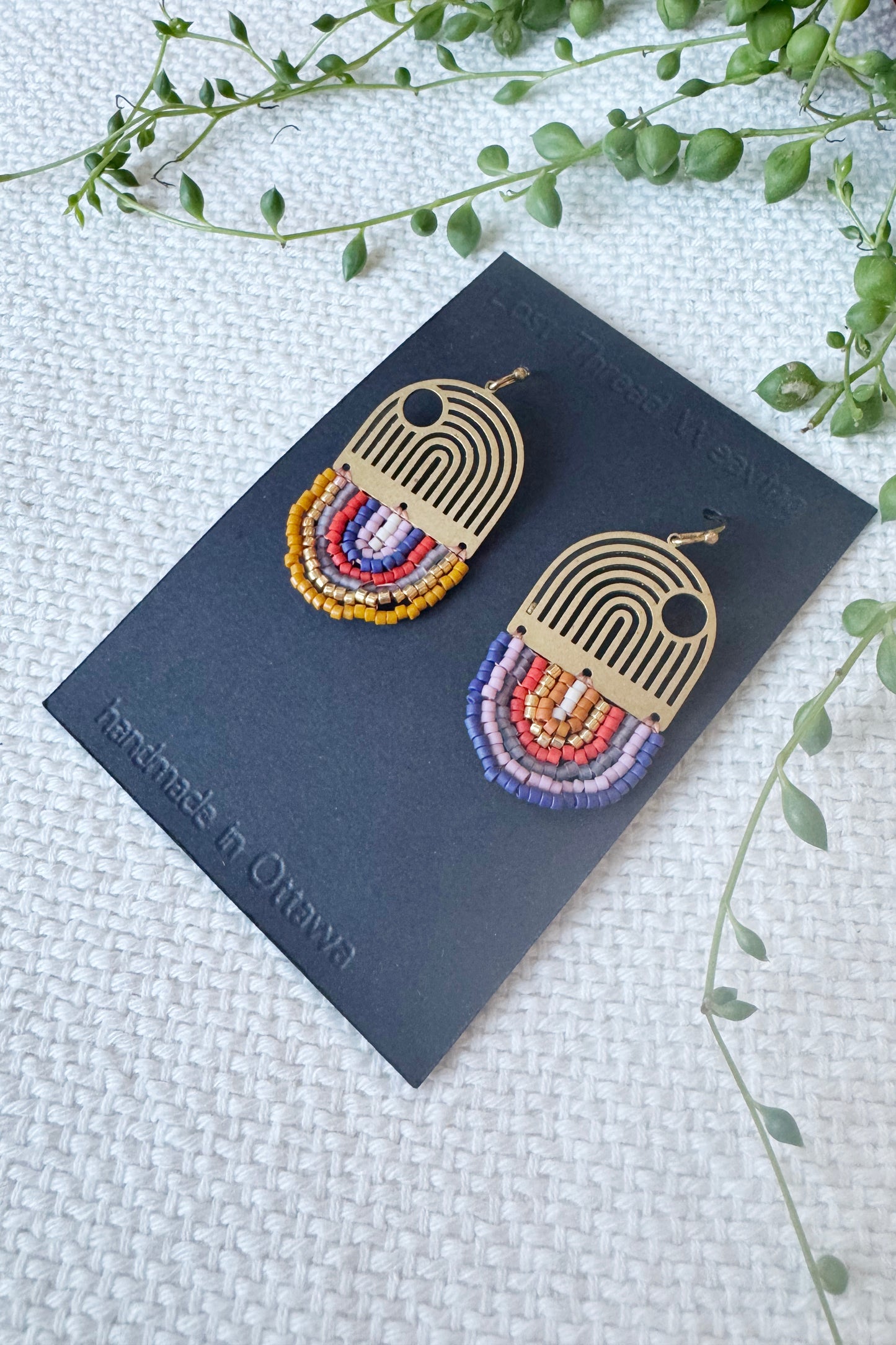 Lined Arch Beaded Capsule Dangle Earrings