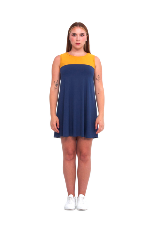 Agitee Tunic by Slak, Blue with yellow contrast panel, sleevless, high neck, slight trapeze shape, mid-thigh length, eco-fabric, modal, sizes XS to XL, made in Montreal 