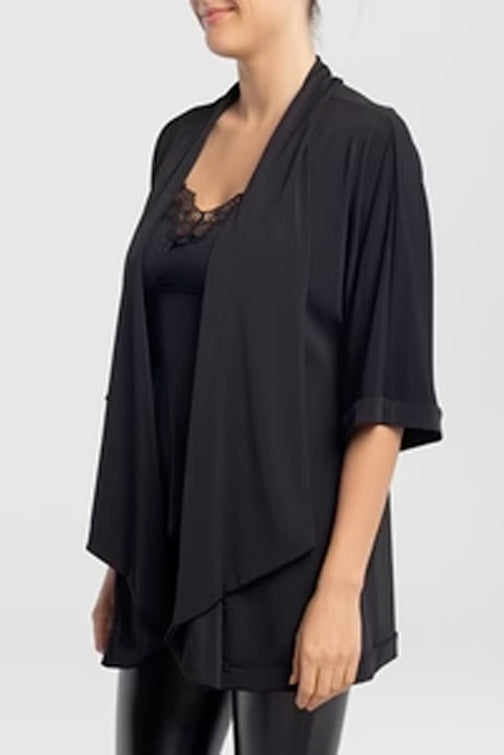 Strom Vest by Kollontai, Black, open cardigan, shawl collar, 3/4 sleeves, lightweight, sizes XS to XL, made in Montreal