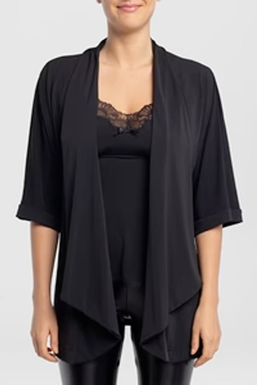 Strom Vest by Kollontai, Black, open cardigan, shawl collar, 3/4 sleeves, lightweight, sizes XS to XL, made in Montreal