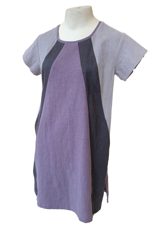 Alicia Tunic by Solomia, Purple/Grey, round neck, short sleeves, colour-blocked, diagonal front seams, pockets, eco-fabric, 100% linen, sizes XS-L, made in Carleton Place