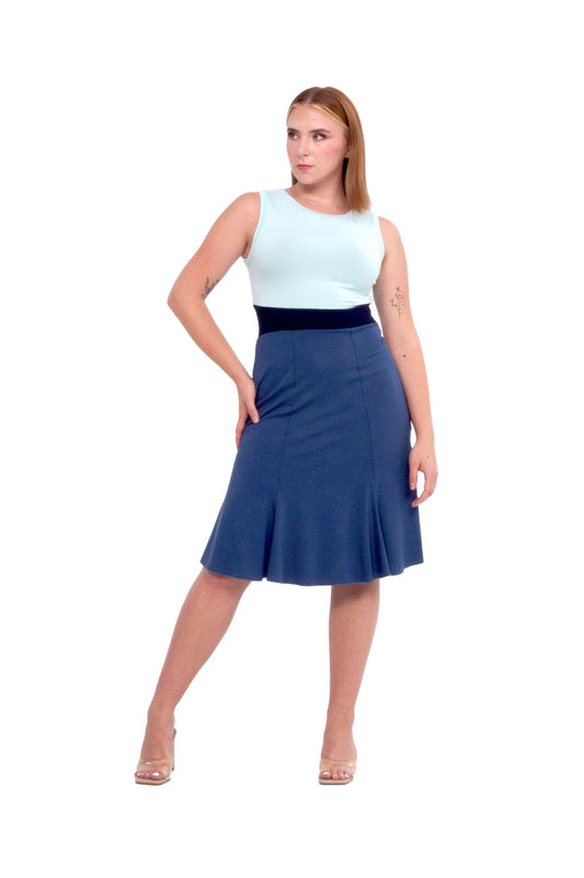 Wham Bam Dress by Slak, Blue/Mint, sleeveless, wide straps, round collar, contrast waistband is higher at the sides, knee-length skirt with panels and a flare at the hem, eco-fabric, modal and bamboo, sizes XS To XL, made in Montreal