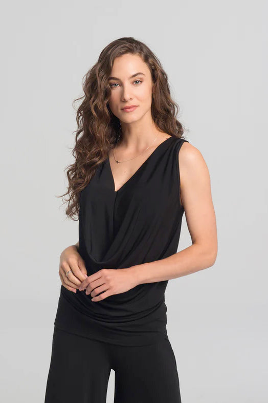 Windsor Top by Kollontai, Black, sleeveless, draped V-neck, hip length, sizes XS to XL, made in Montreal