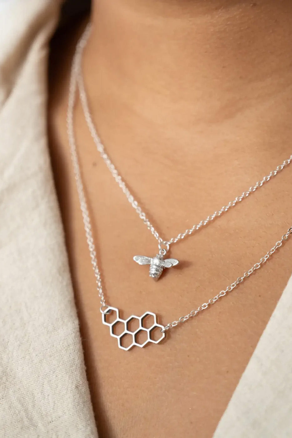 Bee and Honeycomb Layering Set by Birch Jewellery, Silver, made in Ottawa