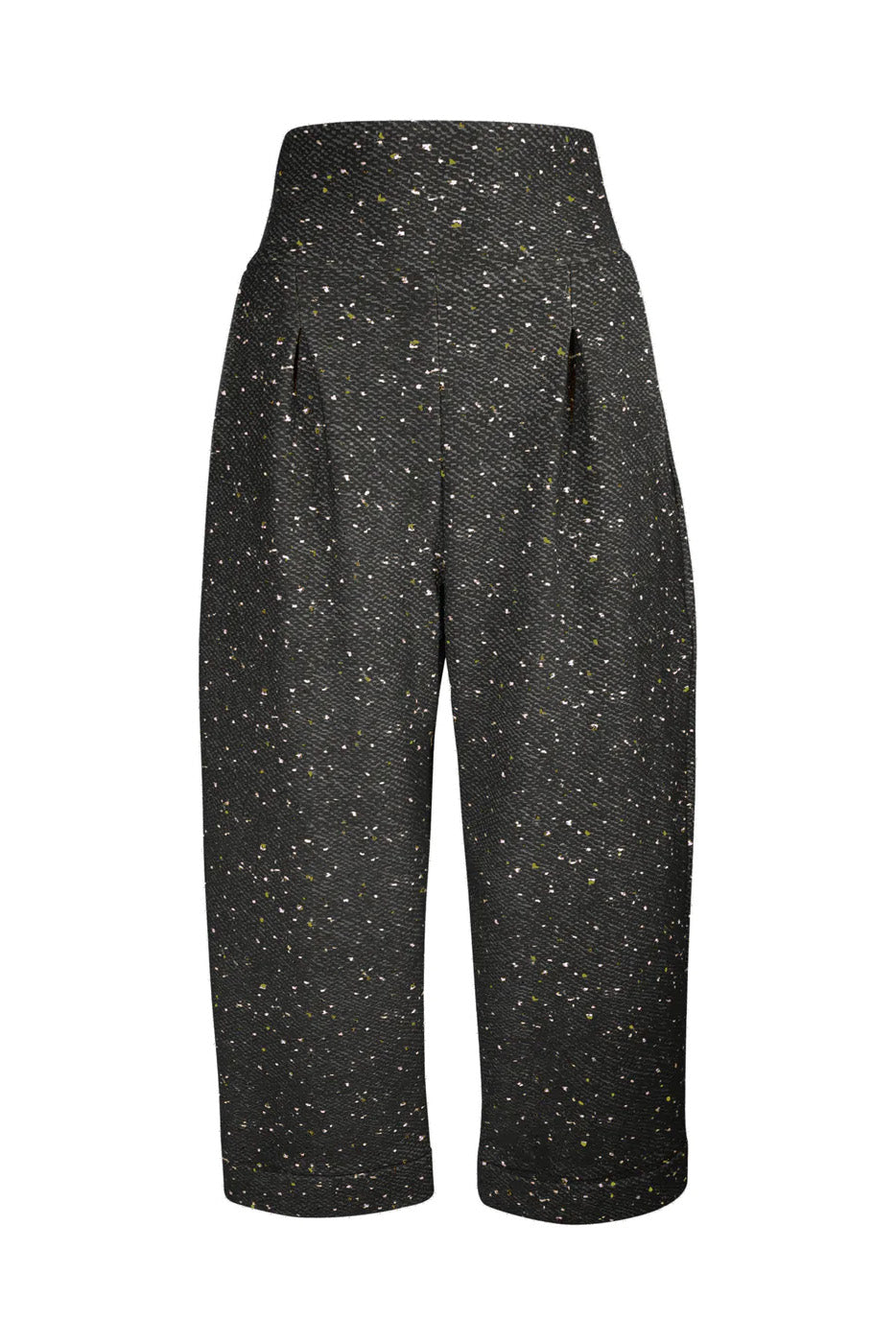 Dorian Pants by Melow, Black Tweed, high-waist, front darts, 3/4 capri, wide-leg, folded hem, sizes XS to XXL, made in Quebec
