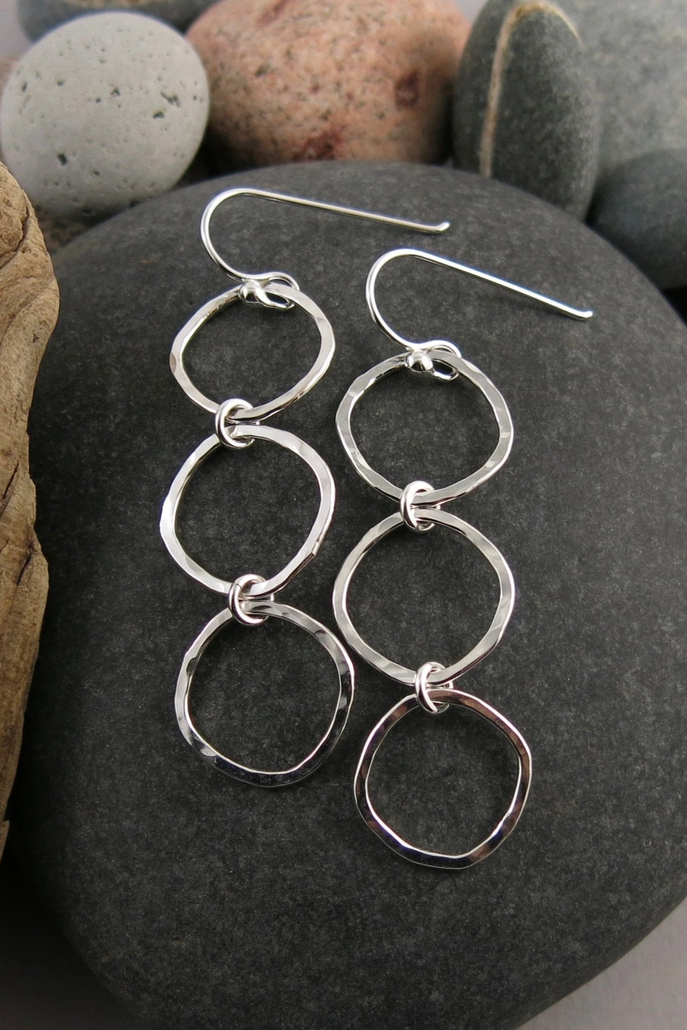 Soft Square Trio Drop Earrings • Hammer Textured Sterling Silver