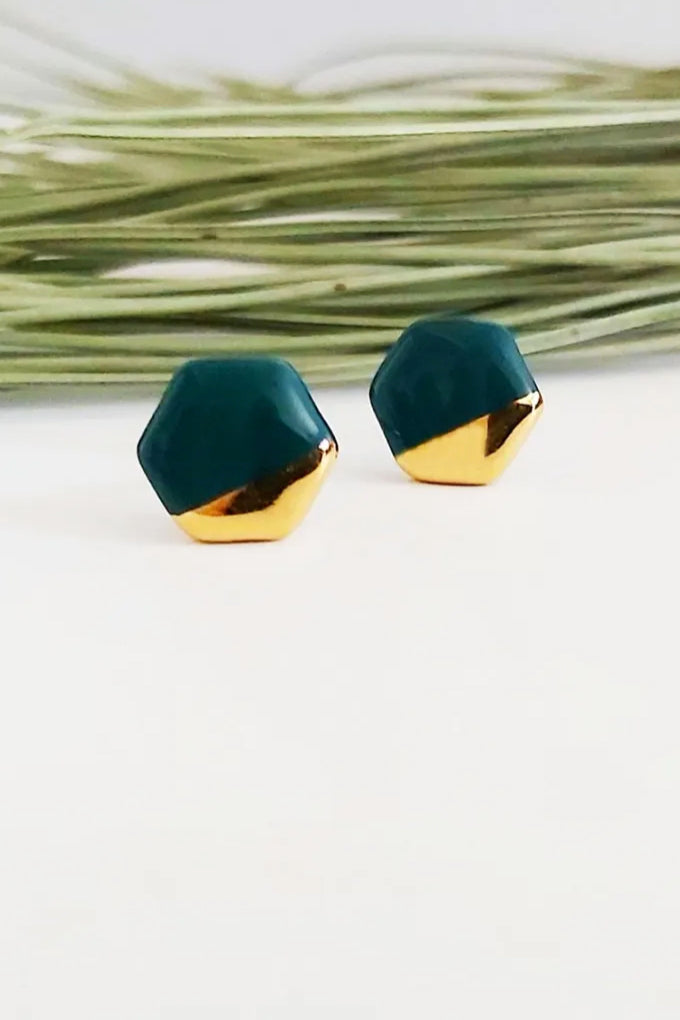Ceramic Hexagon + Gold Stud Earrings
