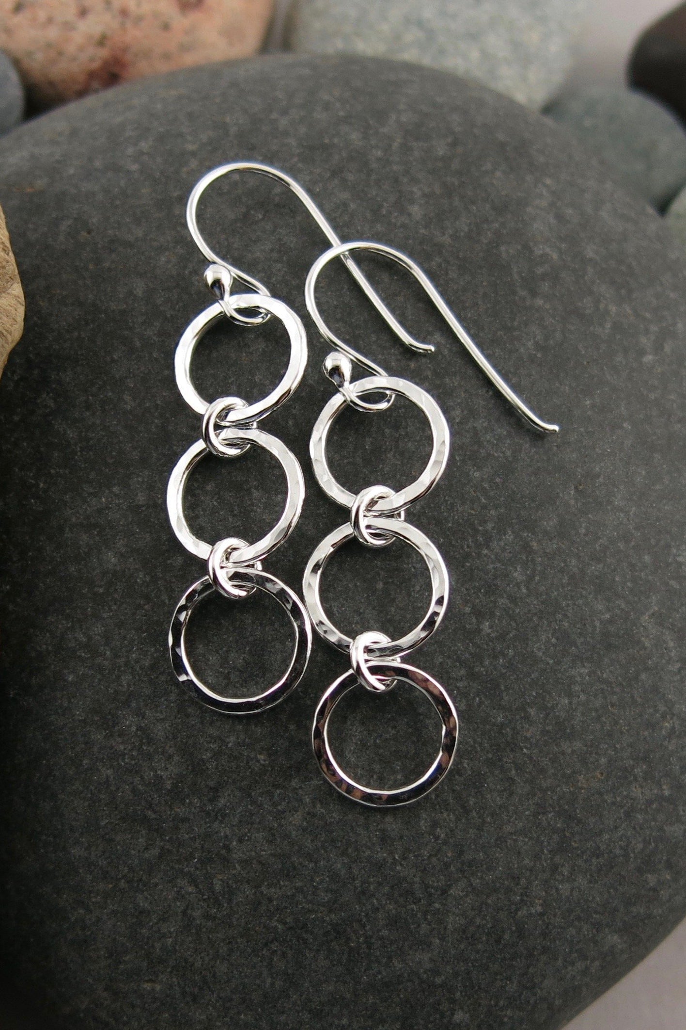 Breathe Trio Drop Earrings • Hammer Textured Sterling Silver Open Circle Dangles