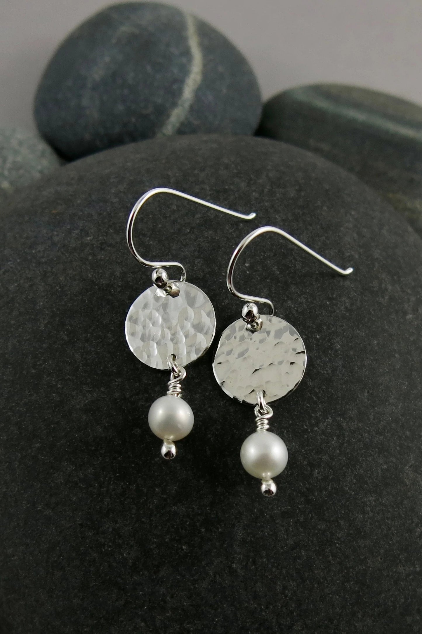 Pearl Moondrop Earrings - White freshwater pearls and sterling silver by Mikel Grant, made in Sechelt BC 