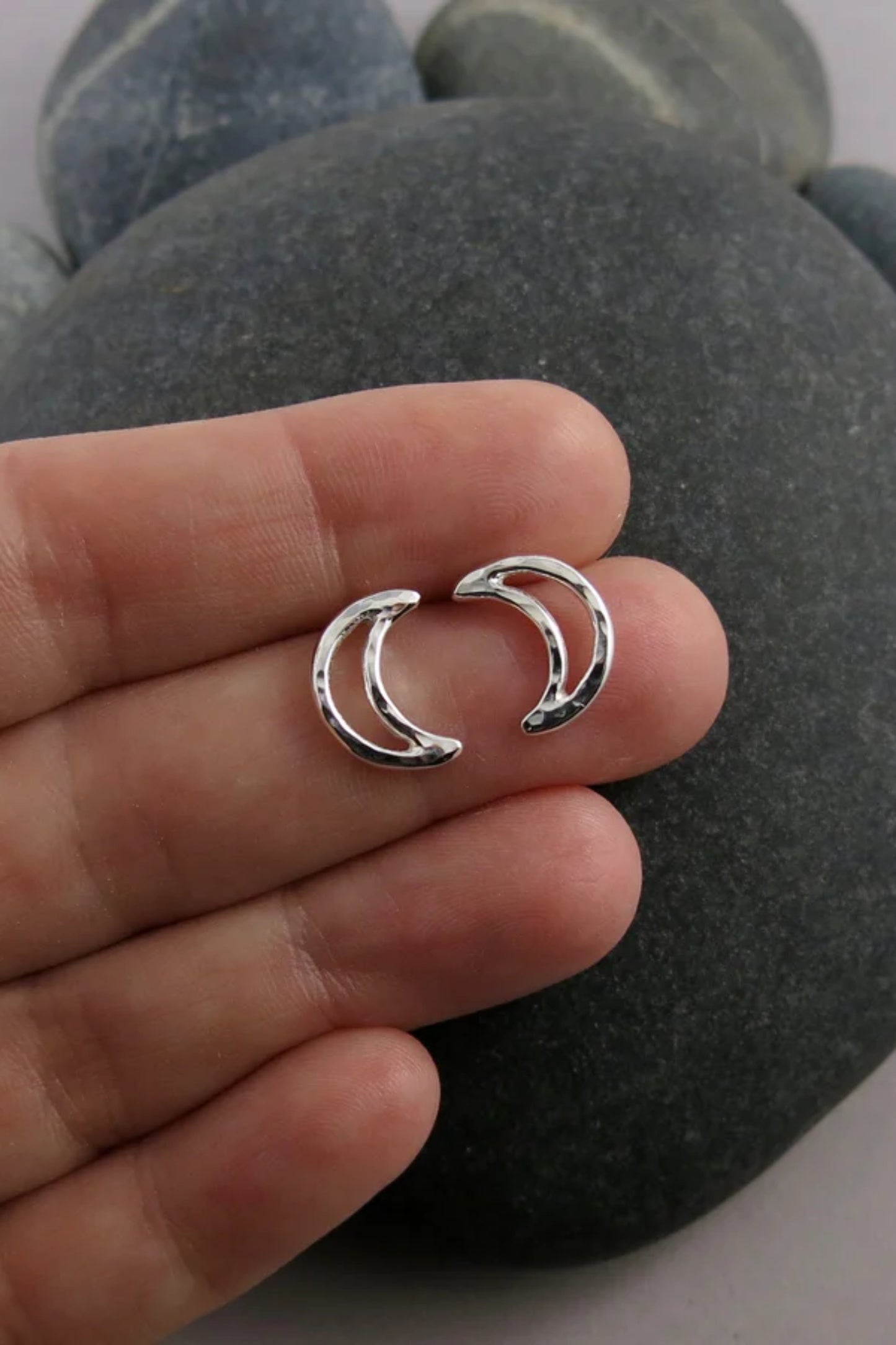 Crescent Moon Stud Earrings by Mikel Grant, sterling silver, made in Sechelt BC