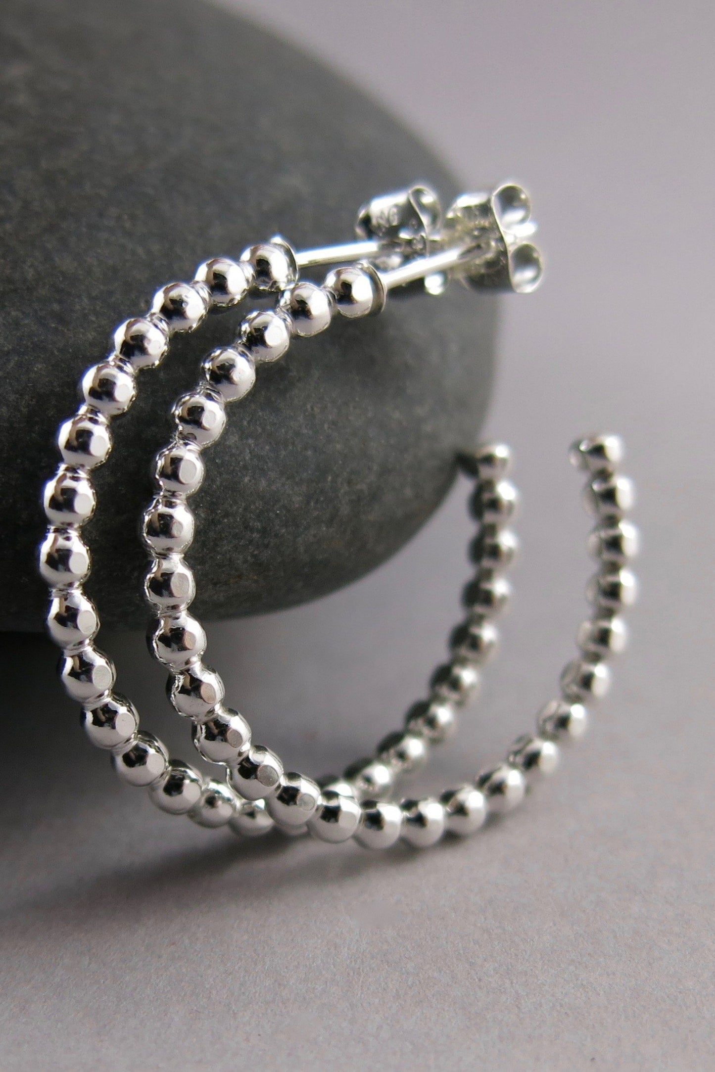 Open Hoop Stud Earrings • Sterling Silver Beaded Hoops