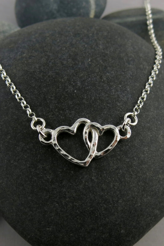 Mother & Child Hearts Embrace Necklace • Sterling Silver